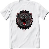 Beer - Dieren Mandala T-Shirt | Rood | Grappig Verjaardag Zentangle Dierenkop Cadeau Shirt | Dames - Heren - Unisex | Wildlife Tshirt Kleding Kado | - Wit - 3XL