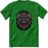 Leeuw - Dieren Mandala T-Shirt | Rood | Grappig Verjaardag Zentangle Dierenkop Cadeau Shirt | Dames - Heren - Unisex | Wildlife Tshirt Kleding Kado | - Donker Groen - M