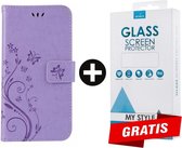 Bookcase Hoesje Vlinders Met Pasjeshouder Samsung Galaxy A21s Paars - Gratis Screen Protector - Telefoonhoesje - Smartphonehoesje