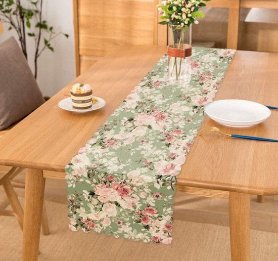 Bedrukt Velvet textiel Tafelloper 45x220 - Pastel roze bloemen - Runner - De Groen Home