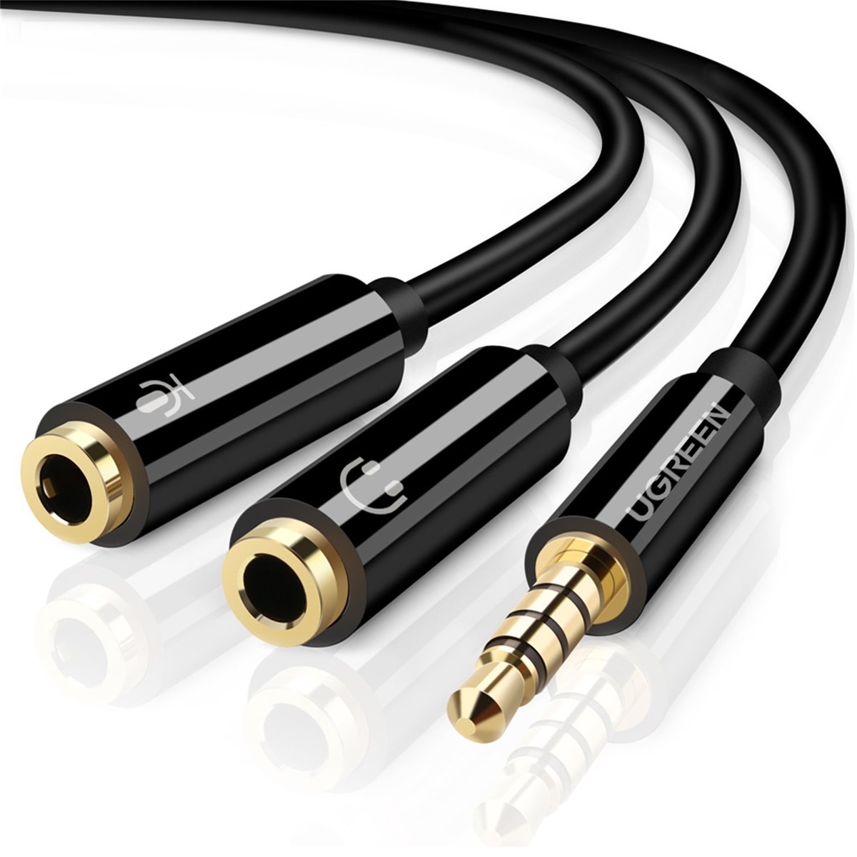 Ugreen Koptelefoon Splitter 20cm kabel met Microfoon zwart - Male naar 2x Female 3.5mm audio jack - knoopvrij