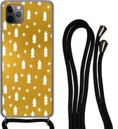 Hoesje met koord Geschikt voor iPhone 11 Pro - Kerstboom - Sterren - Goud - Siliconen - Crossbody - Backcover met Koord - Telefoonhoesje met koord - Hoesje met touw