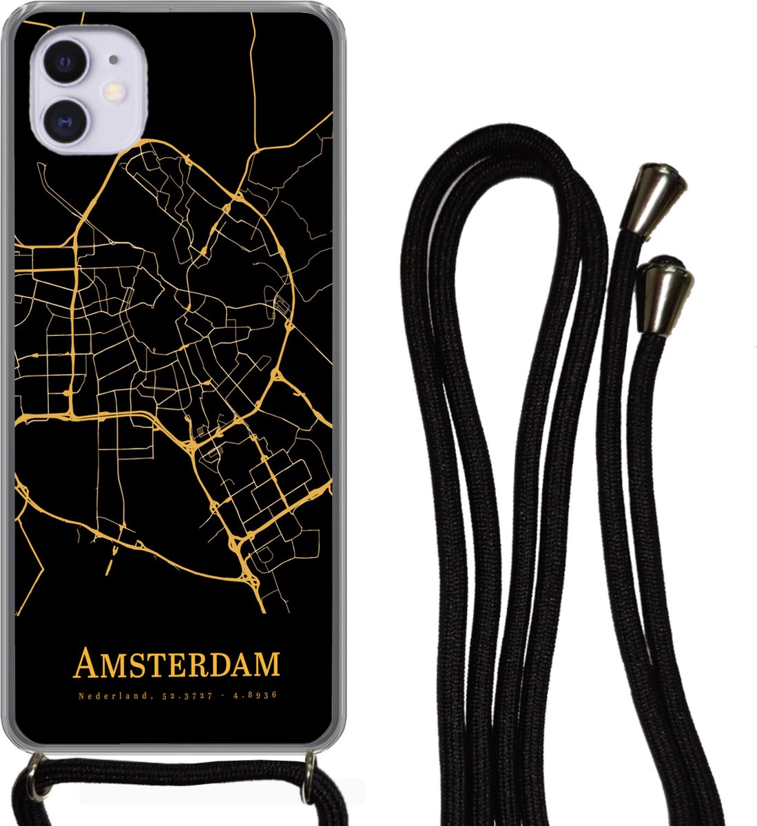 Telefoonkoord - Telefoonketting - Telefoonhoesje Geschikt voor iPhone 12 - Amsterdam - Kaart - Goud - Zwart - Siliconen - Crossbody - Telefoonhoesje met koord Telefoonhoesje