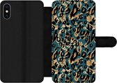 Bookcase Geschikt voor iPhone XS telefoonhoesje - Panterprint - Zwart - Bruin - Turquoise - Met vakjes - Wallet case met magneetsluiting