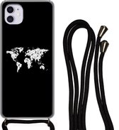 Hoesje met koord Geschikt voor iPhone 11 - Wereldkaart - Bladeren - Zwart - Siliconen - Crossbody - Backcover met Koord - Telefoonhoesje met koord - Hoesje met touw
