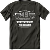 45 Jaar Legend T-Shirt | Zilver - Wit | Grappig Verjaardag en Feest Cadeau | Dames - Heren - Unisex | Kleding Kado | - Donker Grijs - XL