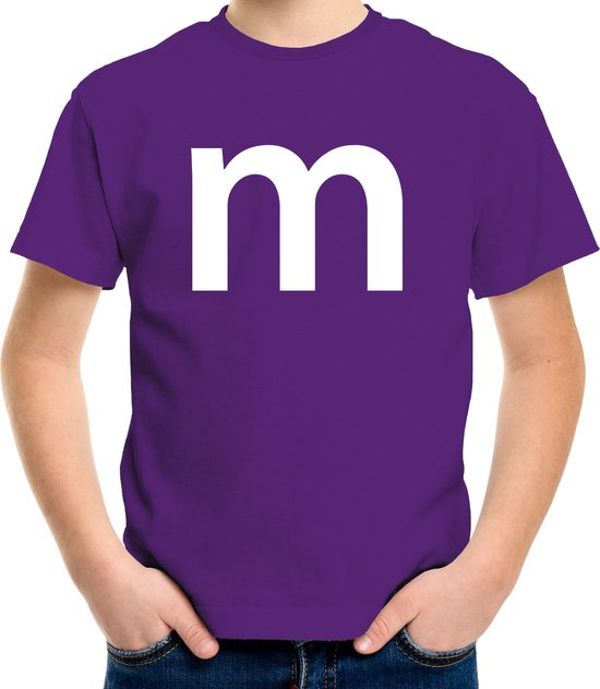 Letter M verkleed/ carnaval t-shirt paars voor kinderen - M en M carnavalskleding / feest shirt kleding / kostuum 134/140