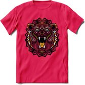 Beer - Dieren Mandala T-Shirt | Geel | Grappig Verjaardag Zentangle Dierenkop Cadeau Shirt | Dames - Heren - Unisex | Wildlife Tshirt Kleding Kado | - Roze - S