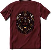 Leeuw - Dieren Mandala T-Shirt | Geel | Grappig Verjaardag Zentangle Dierenkop Cadeau Shirt | Dames - Heren - Unisex | Wildlife Tshirt Kleding Kado | - Burgundy - XL