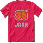 35 Jaar Feest T-Shirt | Goud - Zilver | Grappig Verjaardag Cadeau Shirt | Dames - Heren - Unisex | Tshirt Kleding Kado | - Roze - M