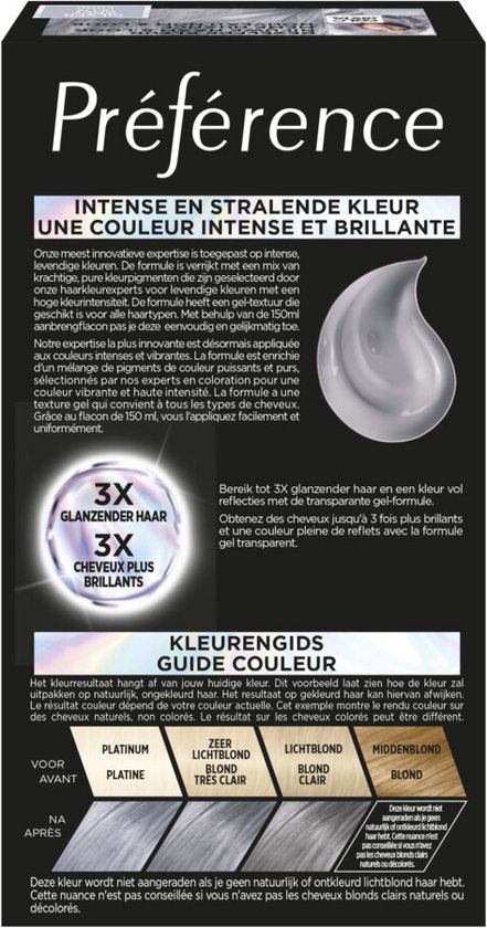 Verpakking van L'Oréal Paris Préférence met vrouwenhoofd en lange zilverkleurige haren. Inclusief kleurengids.