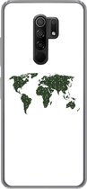 Geschikt voor Xiaomi Redmi 9 hoesje - Wereldkaart - Groen - Bladeren - Siliconen Telefoonhoesje