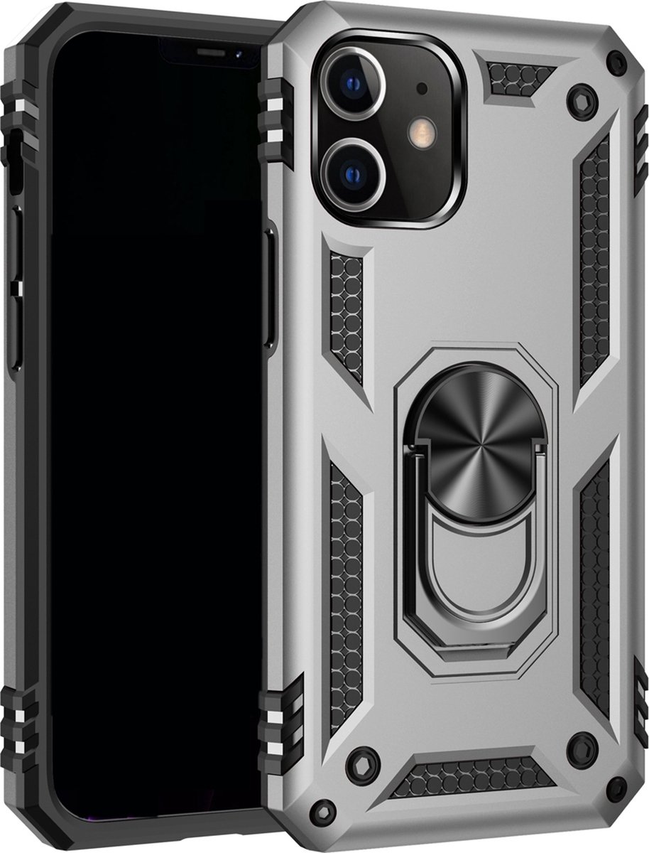 Mobigear Hoesje geschikt voor Apple iPhone 12 Telefoonhoesje Hardcase | Mobigear Armor Ring Backcover Shockproof met Ringhouder | Schokbestendig iPhone 12 Telefoonhoesje | Anti Shock Proof - Zilver