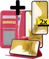 Samsung S22 Hoesje Book Case Met 2x Screenprotector - Samsung Galaxy S22 Case Hoesje Wallet Cover Met 2x Screenprotector - Donkerroze