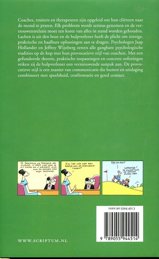 Achterkant van een boek met een groene achtergrond en drie illustraties van een coach en cliënt. Met ISBN.