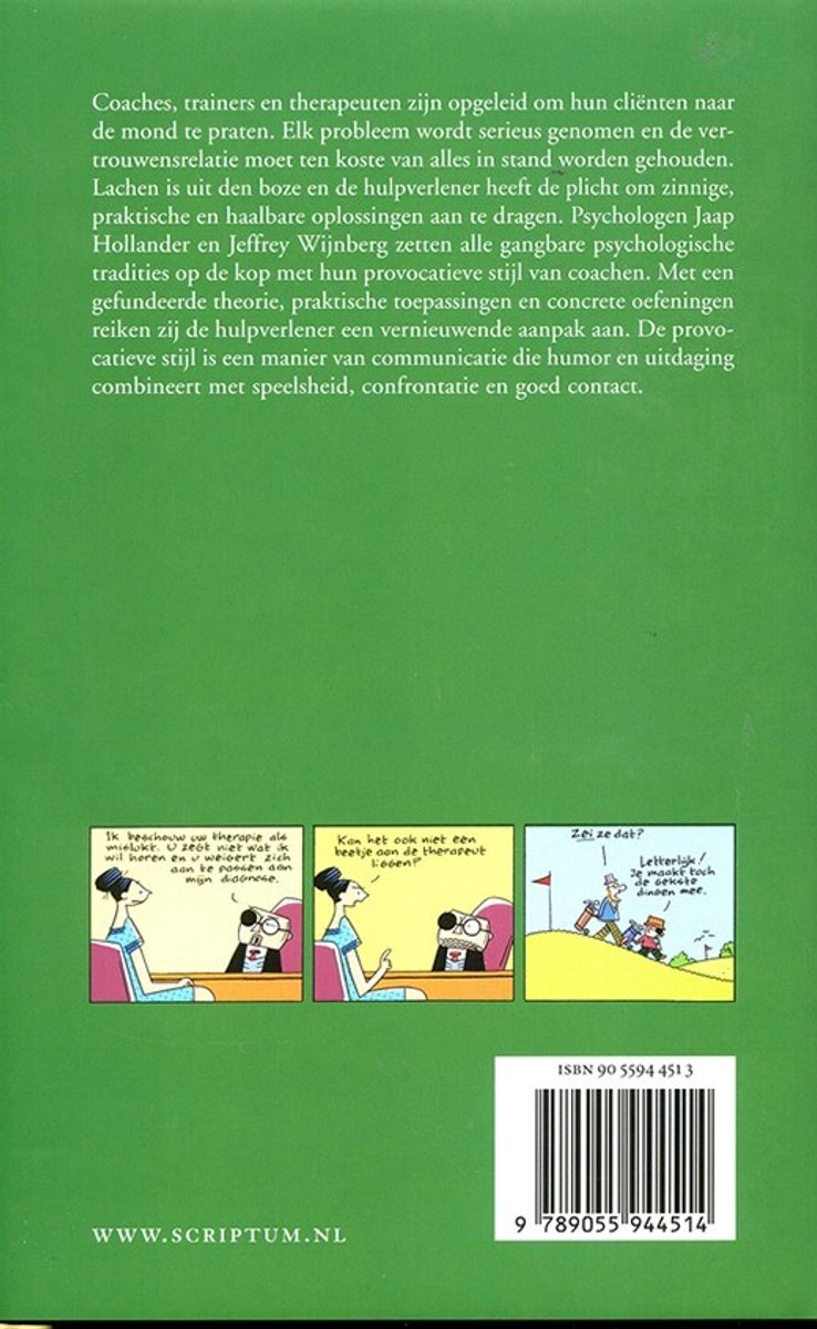 Achterkant van een boek met een groene achtergrond en drie illustraties van een coach en cliënt. Met ISBN.