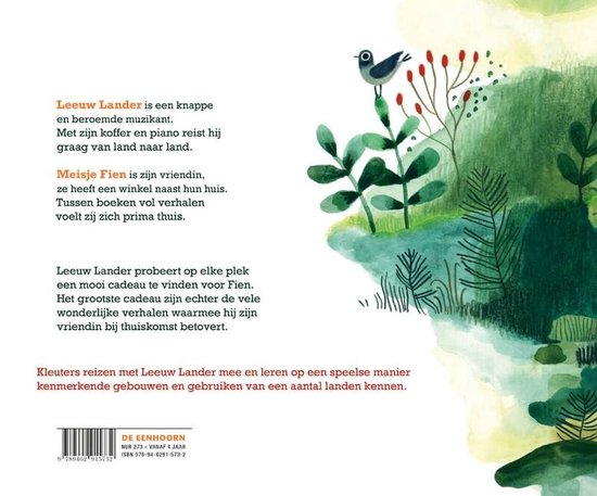 De achterkant van het boek 'Op reis met Leeuw Lander' met tekst en illustratie van een vogeltje en planten.