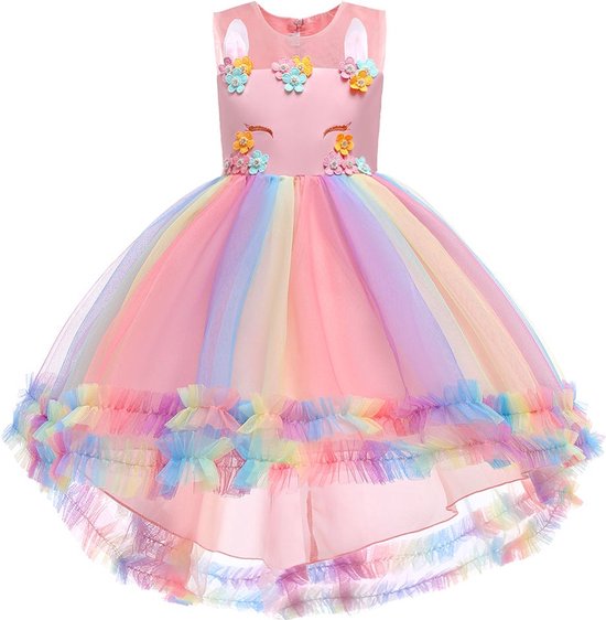 Unicorn jurk - Pinkie Pie - Prinsessenjurk - Eenhoorn - Regenboog - Verkleedkleding - Maat 134/140 (8/9 jaar)