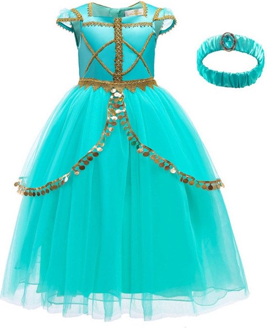 Prinsessenjurk Jasmine- Prinsessenjurk - Mint - Verkleedkleding - Maat 134/140 (8/9 jaar)