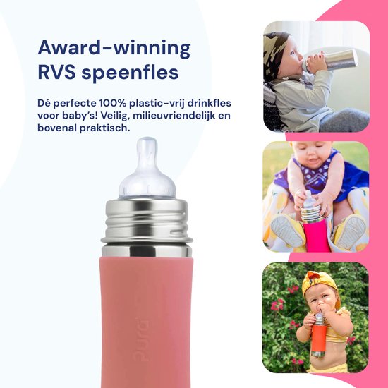 Pura Speenfles 325 ml - Plasticvrij - Drinkfles - Voorkomt Maagkrampen - Vaatwasserbestendig - Inclusief Siliconen Speen, Reisdop en Sleeve - Top is Verwisselbaar - Veelzijdig - Rose