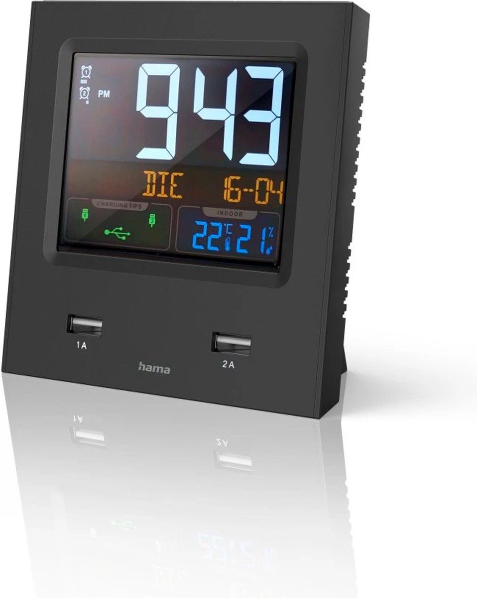 Hama Radiogestuurde wekker - Digitale wekker - LED-display - Dual-USB - Slaaptimer - Speed-alarm - Datum, temperatuur- en luchtvochtigheidsweergave - Draadloos - 11,6x6x11,9 cm - Zwart