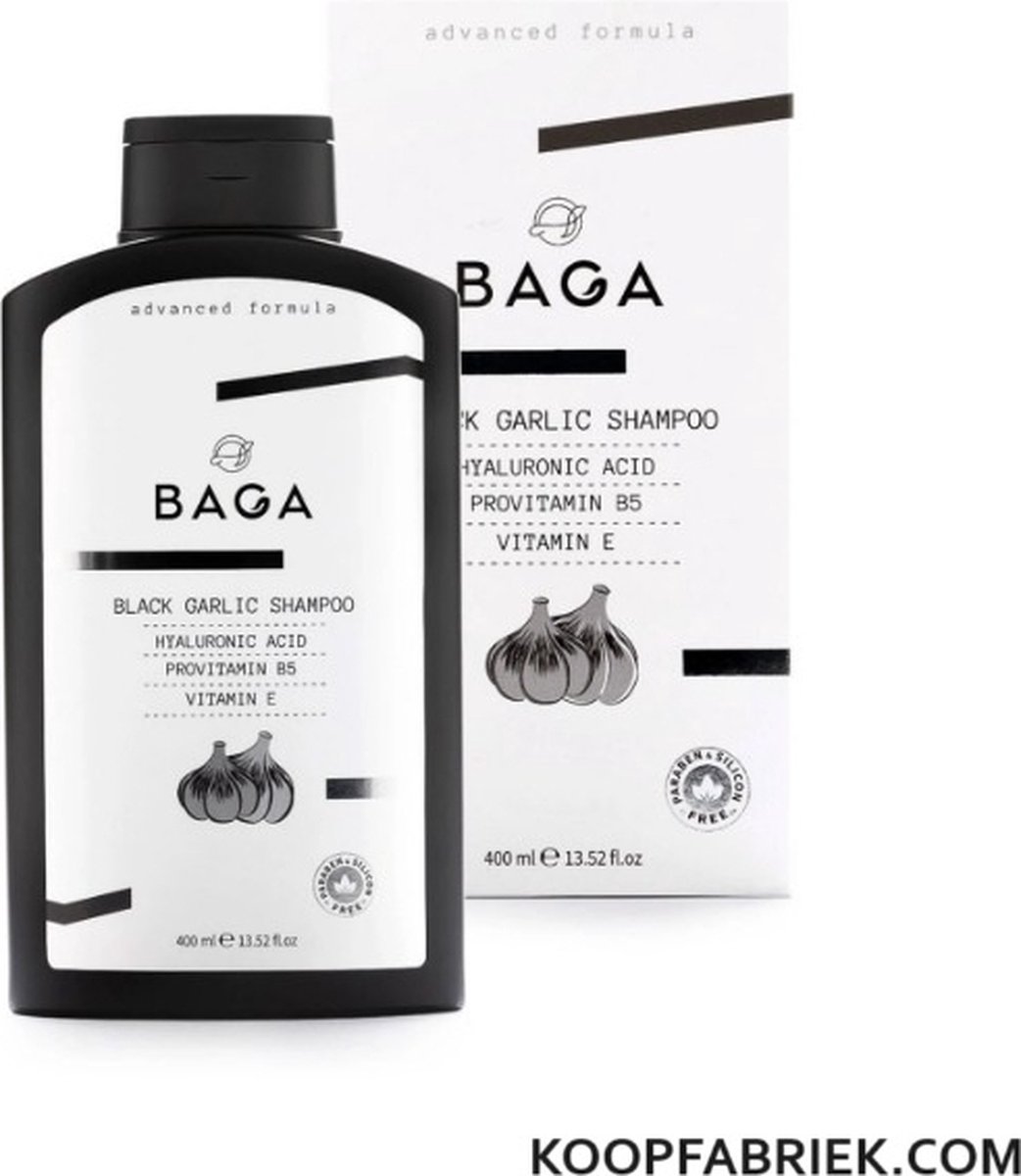 BAGA - Black Garlic Shampoo 400 (ml.) - Verrijkt met Hyaluronic Acid & Provitamin B5 & Vitamin E | Gezond haargroei | Voorkomt Droge en Jeukende hoofhuid | Zeer effectief ! | Bekend product |