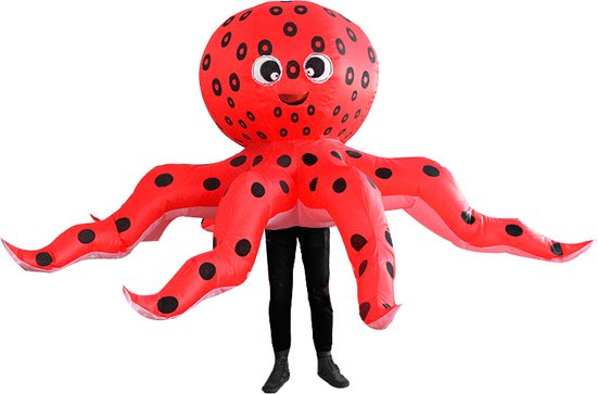 KIMU® Opblaas Kostuum Octopus Rood - Opblaasbaar Pak - Octopuspak Mascotte Opblaaspak - Opblaasbare Inktvis Vis Oceaan Zee Dames Heren Festival