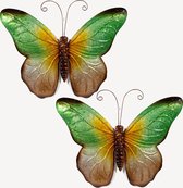 Anna's Collection Wand decoratie vlinder - 2x - groen - 32 x 24 cm - metaal - muurdecoratie