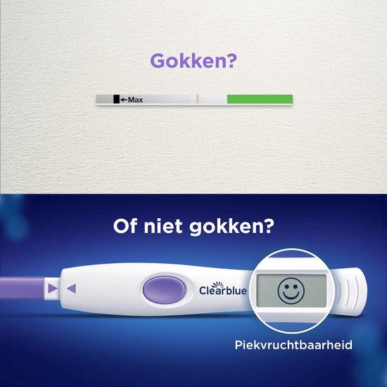 Clearblue test met smiley, "Piekvruchtbaarheid". Bovenste afbeelding toont een test met groene lijn.