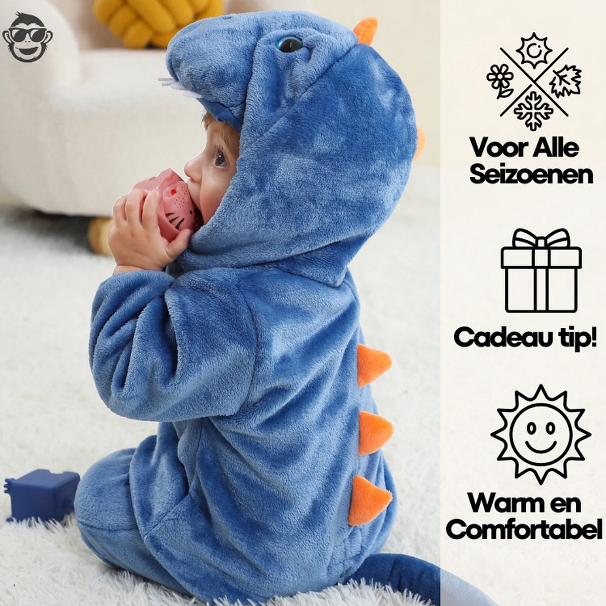 BoefieBoef Dieren Kleuter Onesie Peuter Pyjama Kinderen – Verkleedkleding met Luierrits – Carnaval Dierenpak - Halloween en Kraamcadeau - Zacht Flanel - Baby Romper - Boxpak - Jongens - Meisjes - Kruippak - Dinosaurus Blauw T-rex — afbeelding 7