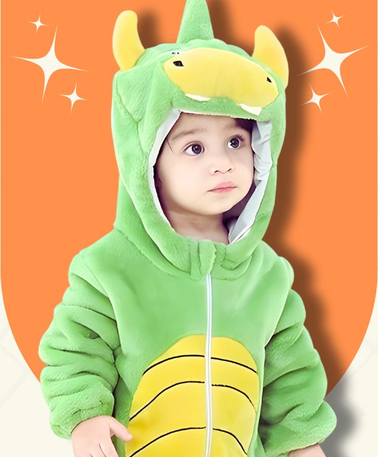 BoefieBoef Draak Groen Dieren Onesie & Pyjama voor Baby & Dreumes en Peuter tm 18 maanden - Kinder Verkleedkleding - Dieren Kostuum Pak - Geel