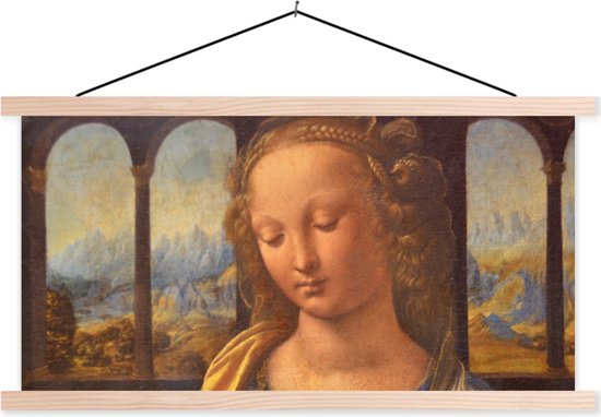 Posterhanger incl. Poster - Schoolplaat - Madonna met de anjer - Leonardo da Vinci - 150x75 cm - Blanke latten