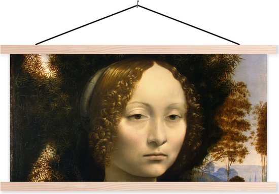 Posterhanger incl. Poster - Schoolplaat - Ginevra de' Benci - Leonardo da Vinci - 150x75 cm - Blanke latten