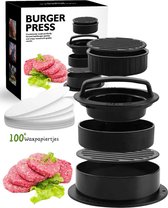 WoniQ Presse à Hamburger 3 en 1 comprenant 100 feuilles de Papier Cire - Presse à Burger - Accessoires BBQ - Machine à Hamburger - Batterie de cuisine
