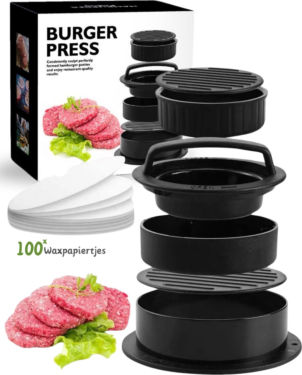 WoniQ Hamburgerpers 3 in 1 inclusief 100 vellen Wax Papier - Burger Press - BBQ Accesoires - Hamburgermaker - Kookgerei - WoniQ