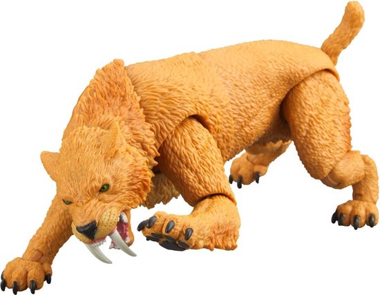 Sabertand tijger actiefiguur, oranje met groene ogen, in aanvallende pose.