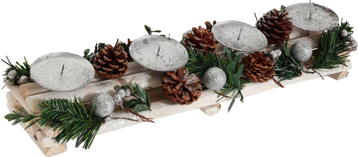 Advent arrangement MCW-M12 met kaarsenhouders, adventskrans kerstdecoratie hout zilver wit 18x49x13cm ~ zonder kaarsen – foto 6
