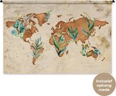 Wandkleed WereldkaartenKerst illustraties - Wereldkaart van oranjebruine waterverf en tropische bladeren Wandkleed katoen 180x120 cm - Wandtapijt met foto