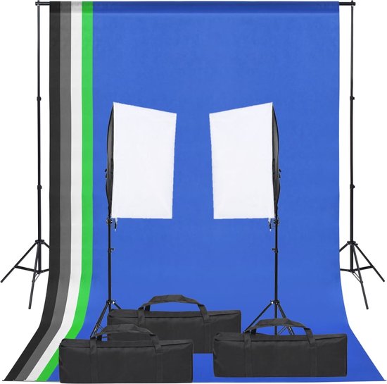 Foto: Vidaxl fotostudioset studioverlichtingsset lamp softbox 40 x 60 cm statief hoogte 90 208 cm achtergrondset met 5 kleuren afmetingen 1 6 x 3 m inclusief 3 draagtassen fotostudio set