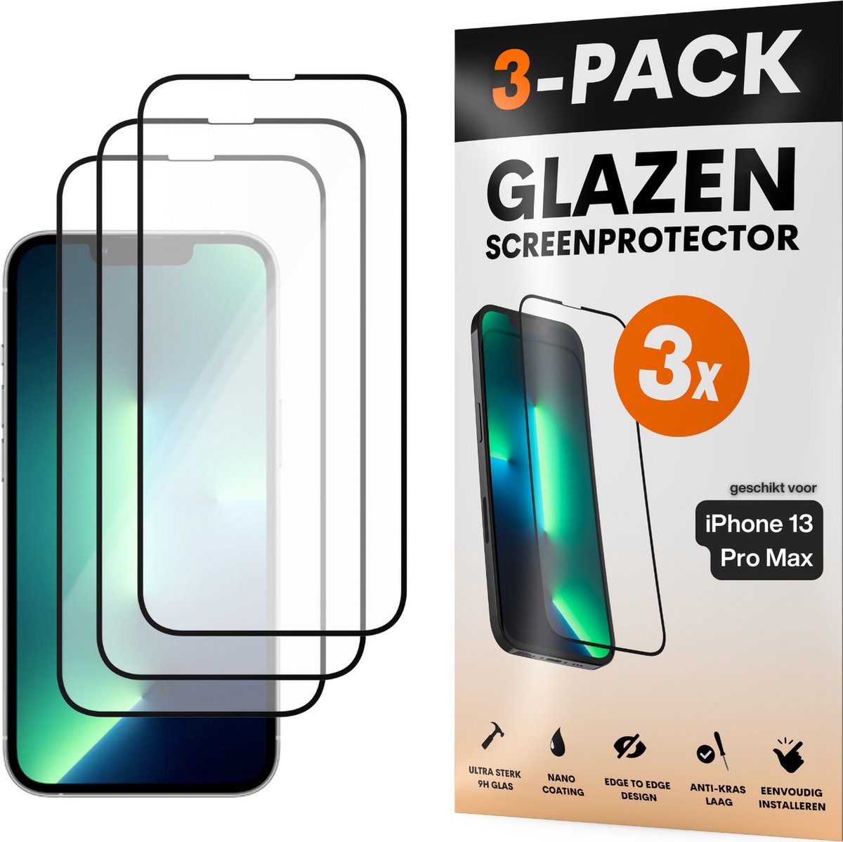 Screenprotector - Geschikt voor iPhone 13 Pro Max - Gehard Glas - Full Cover Tempered Glass - Case Friendly - 3 Pack