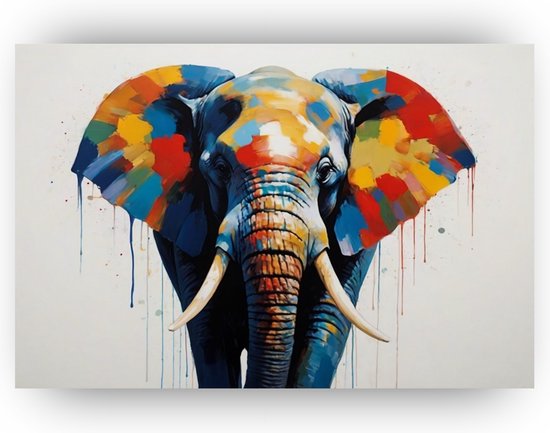 Olifant - Kleurrijk schilderijen - Schilderij dieren - Wanddecoratie landelijk - Muurdecoratie canvas - Slaapkamer muurdecoratie - 60 x 40 cm 18mm