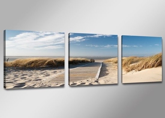 Peinture sur toile - Vue sur la mer du Nord, Bleu/Beige, 150X50cm, triptyque