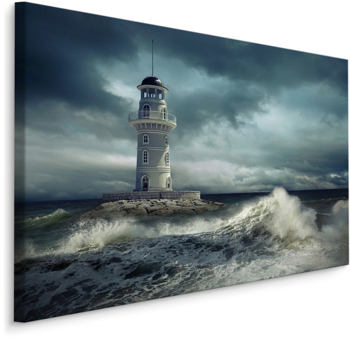 karo-art Schilderij - Vuurtoren in de storm, blauw/grijs, 4 maten, premium print Multikleur