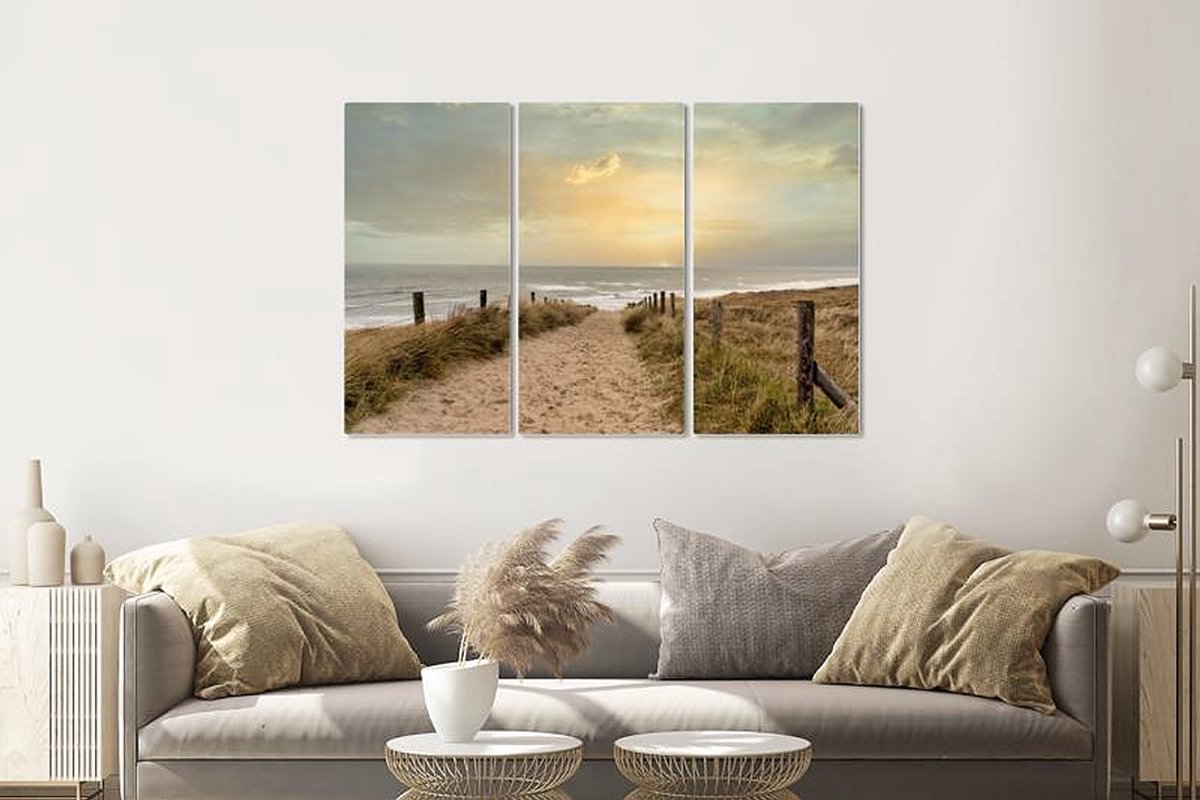 karo-art Schilderij - Zonsondergang Noordzee , 120x80cm, 3 luik , Wanddecoratie Multikleur
