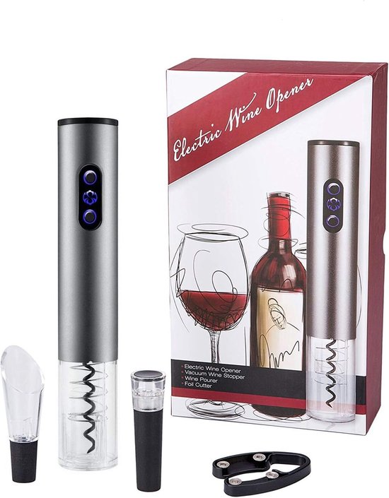 Elektrische kurkentrekker - Kurkentrekker wijn - Wijn accesoires - Wijnopener - Met foliesnijder - Op batterijen - Grijs - Perfecte cadeau tip!