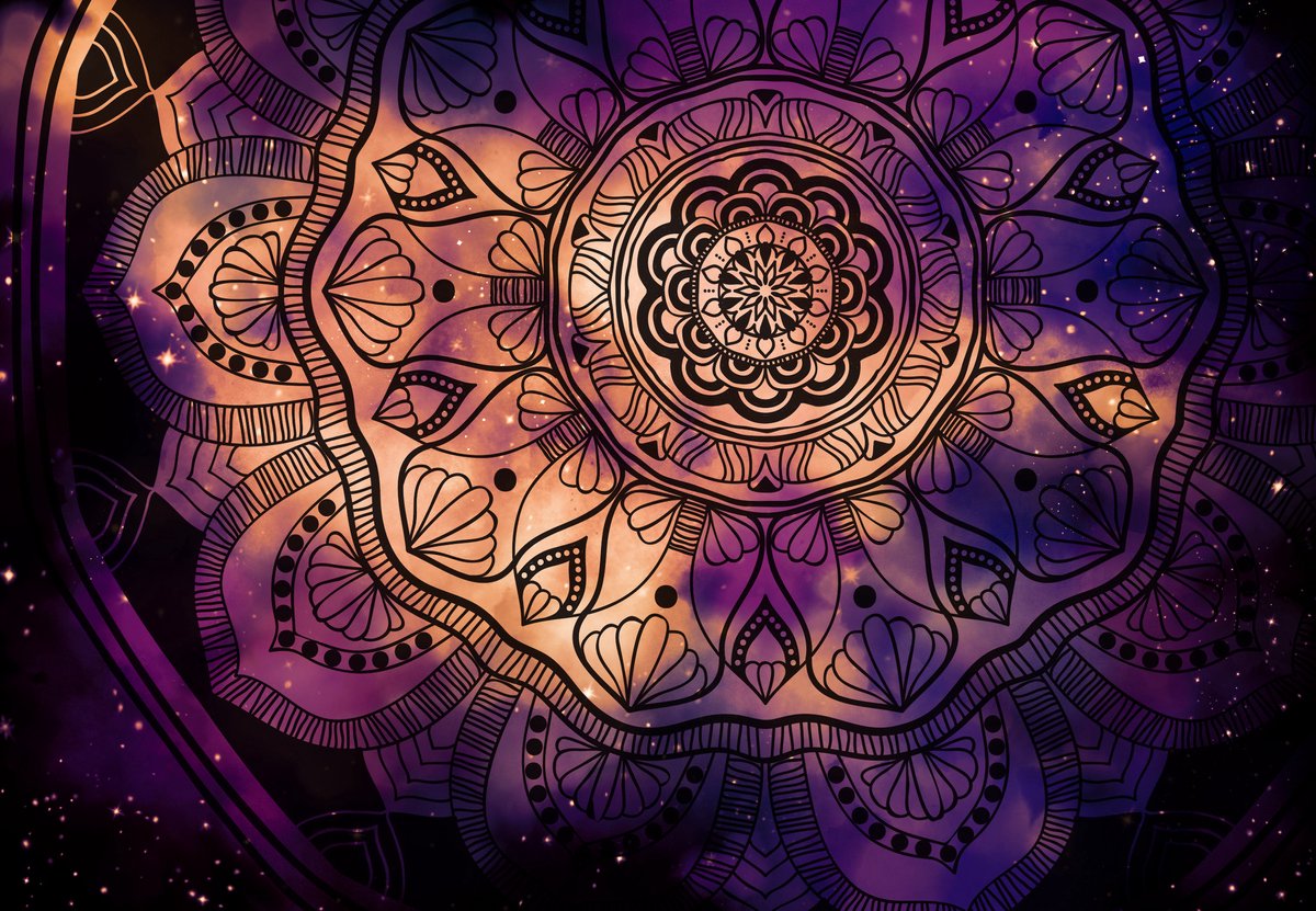karo-art Poster - Astronomische Mandala, Paars/ Oranje, Premium print, stevig verpakt in rolkoker geleverd Multikleur