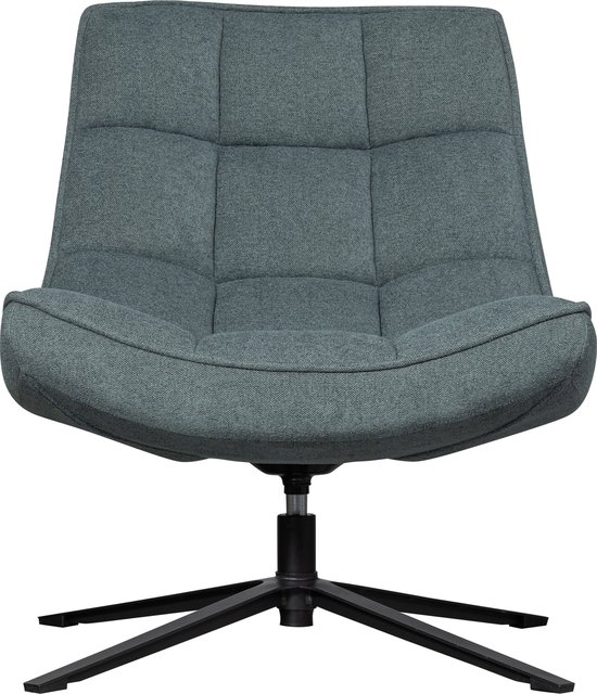 Lichtblauwe fauteuil met geblokt patroon en donker metalen kruispoot.