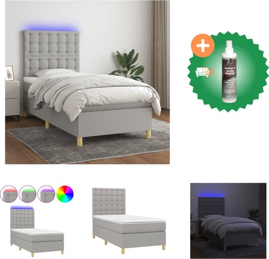 vidaXL Boxspring met matras en LED stof lichtgrijs 90x200 cm - Bed - Inclusief Reiniger