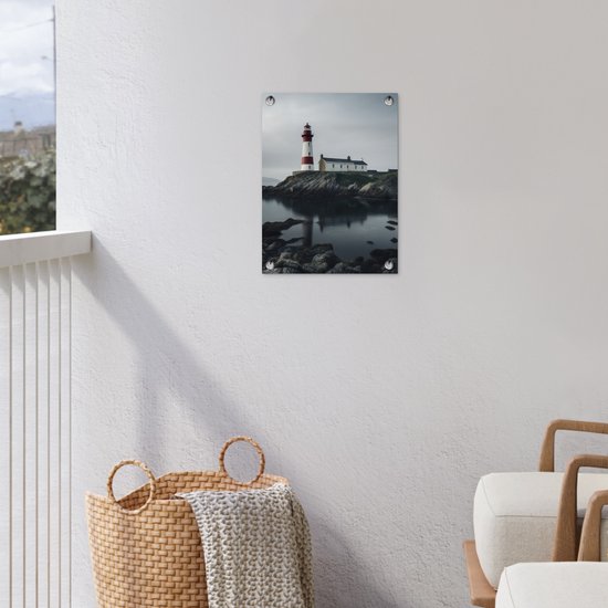 Tuin decoratie Vuurtoren - Zee - Rotsen - Scandinavië - Maritiem - 30x40 cm - Tuindoek - Buitenposter