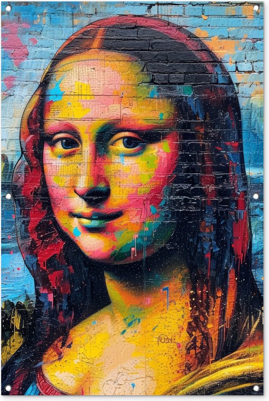 Tuinposter 80x120 cm - Tuindecoratie - Graffiti - Mona Lisa - Streetart - Da Vinci - Oude meesters - Poster voor in de tuin - Buiten decoratie - Schutting tuinschilderij - Muurdecoratie - Tuindoek - Buitenposter..